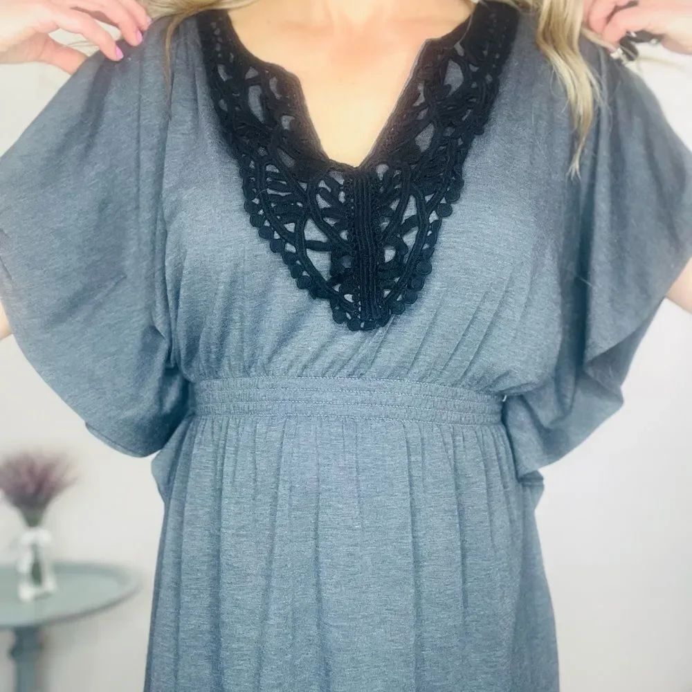 Gray Knit Midi Dress with Black Lace V-Neck